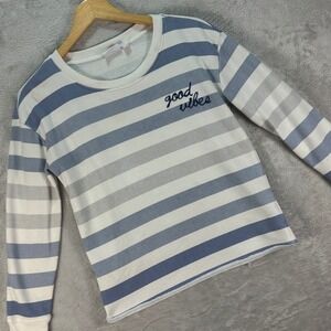 Doe Women's Striped Long Sleeve Pullover Blue White "Good Vibes" Sz XS Casual